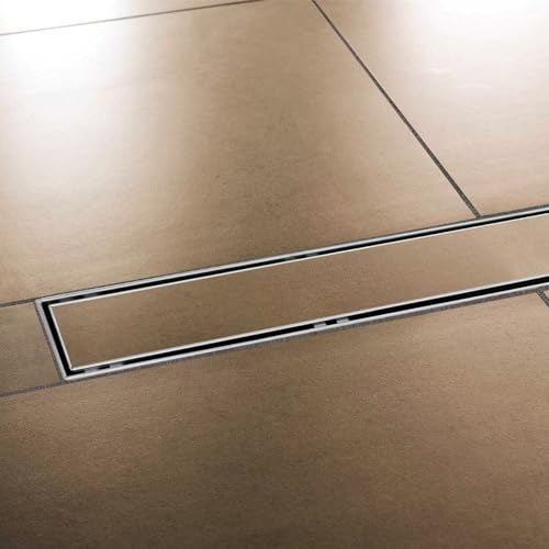 Edelstahl Duschrinne extra flach mit Ablauf & Siphon (90cm, Höhe 53mm) - waagerechter Duschablauf Komplettset befliesbar - Duschabfluss & Duschablaufrinne mit passender Dichtmanschette