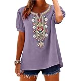 Blusa Bohemia para Mujer, Camisa de Lino con Bordado Elaborado de Flores, Estilo Hippie Chic,Manga Corta y Cuello en V, Blusas De Vestir De Mujer Elegantes Suelto Fiesta Tops,Vintage Camiseta Moda