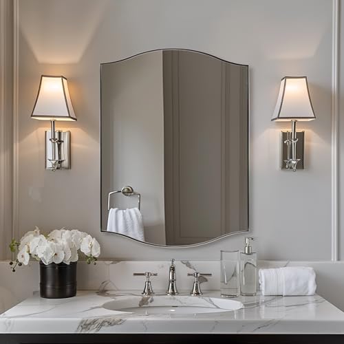 Image of ANDY STAR 24 inchx30 inch Scalloped Mirror for Bathroom，Polished Chrome Rectangle Wall Mirror with Curved Edge Stainless Steel Metal Frame, Wall-Mounted Mirror for Bathroom, Entryway, Living Room