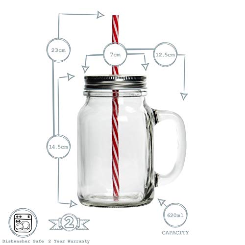 4X 620Ml (20.9Oz) Glass Drinking Jars Set With Lid And Reusable Straw - Mason Style Jam Jar Glasses With Handle - By Rink Drink #TOP2