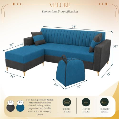 Image of FURNY Signature Regalia 4-Seater L-Shape Sofa Set with Movable Ottoman & Suri Pouf | Flexible LHS /RHS Layout | Boston Fabric | 40D Foam + Zigzag Spring | 3-Yr Warranty (Steel Grey - Sea Blue)