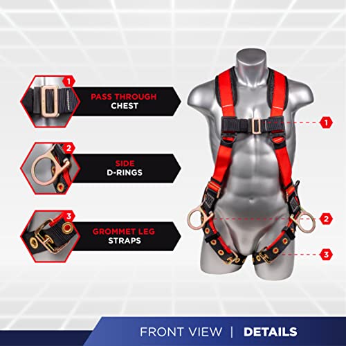 Palmer Safety Ateret Fall Protection 5Pt Safety Harness, 3D-Ring, Quick-Connect Buckle, Grommet Legs, Sewn In Back Pad I Osha Ansi Compliant Personal Equipment (Red - Universal), (H222100111) #TOP1