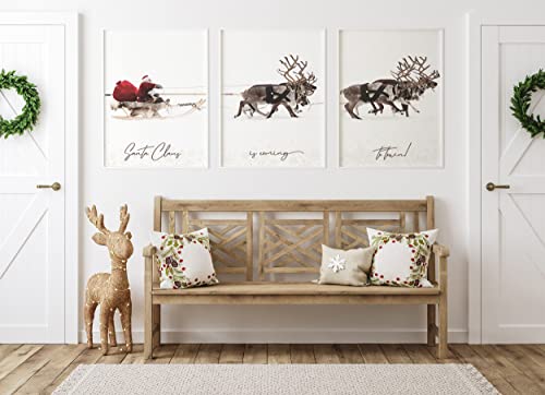 3 Piece Merry Christmas Canvas Wall Art Christmas Santa Claus With A Sleigh Poster Xmas Elk Print Paintings Aesthetic Christmas Home Wall Decorations Pictures For Living Room Bathroom 12X16In Unframed #TOP4