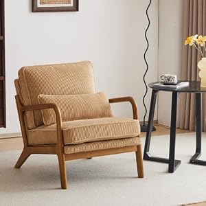 Karl home ミッドセンチュリーモダンアクセントチェア リビングルームチェア 枕付き 布張り ラウンジアームチェア 無垢材フレーム&ソフトクッション 寝室 読書室 コーデュロイカーキ (ローバック)