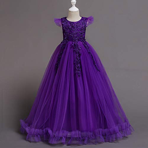 Big Little Girl Princess Embroidery Flower Lace Long A Line Pageant Dress Kids Floor Length Prom First Holy Communion Bowknot Dress Puffy Tulle Maxi Ball Gown For Wedding Party Birthday Purple 8-9 #TOP1