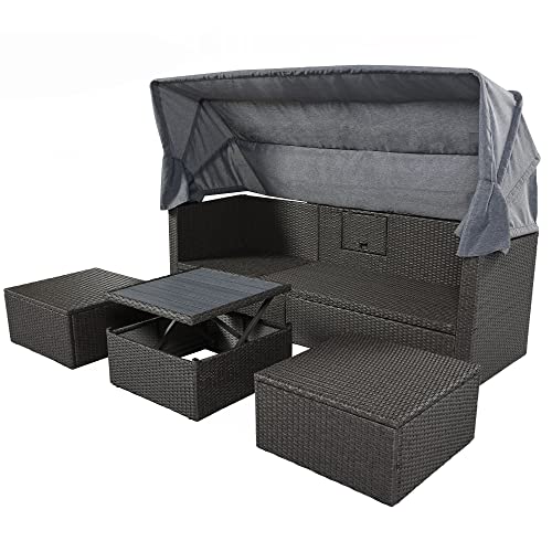 Winwee Patio Rectangle Daybed With Retractable Canopy Outdoor Wicker Rattan Furniture Sets Sectional Sofa Set With Height Adjustable Coffee Table, Rattan Conversation Sets (Gray) #TOP7