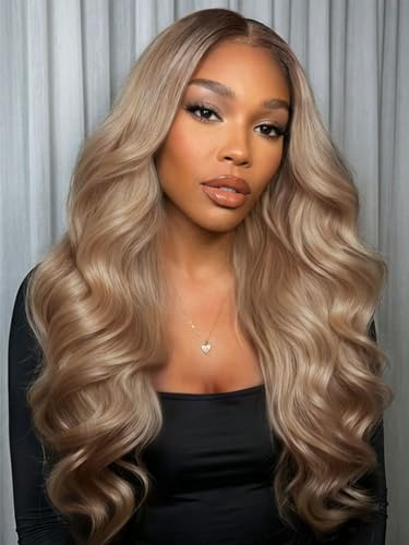 Image of Beauty Forever 13x4 Pre Everything Body Wave Lace Front Wig Human Hair, Ash Blonde Glow with Dark Roots,Glueless Drawstring No Slip Wig 150% Density Pre Plucked Pre Cut Ready to Go 24inch