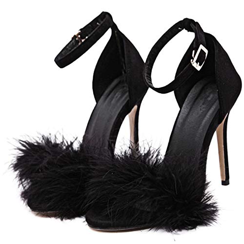 Prettyqueen Women Ankle Strap Heeled Sandals Feathers Open Toe Stiletto High Heels Formal Party Dress Shoes #TOP3