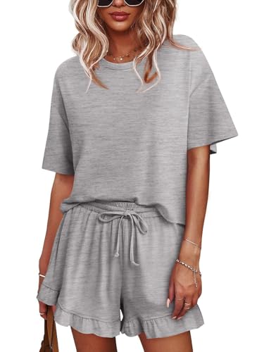 Image of Tankaneo Womens 2 Piece Shorts Set Summer Casual Short Sleeve T Shirts Drawstring Ruffle Shorts Pajamas Lounge Set