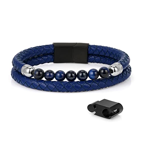 Fathers Day Bracelet For Dad,Blue Leather Tiger Eye Bracelet For Men Beaded Bracelets For Men Stress Relief Anxiety Mens Bracelets Beads Healing Mens Bracelet Jewelry Gifts For Men #TOP6