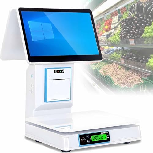 Ai Smart Touch Screen POS System, 15.6 Inch All-in-One Cash Register with Built-in 58mm Thermal Printer, Drawer, Handheld Scanner and 20 Rolls of Paper(Dualscreen)