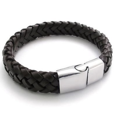 Chopmall (TM) Black Leather Mens Bracelet Bangle Stainless Steel Clasp - 8.5"