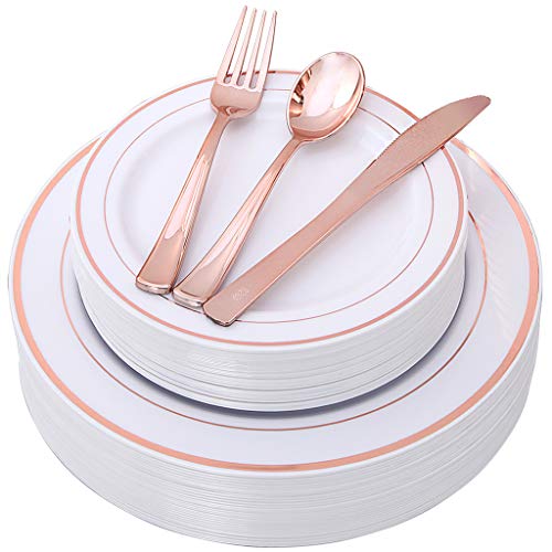 125Piece Disposable Plastic Plates&Cutlery,Service for 25 Heavyweight Disposable Dinnerware: 25 Dinner Plates, 25
