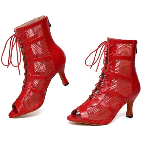 Image of AOQUNFS Women Ballroom Dance Shoes Lace-up Open Toe Ankle Boots Salsa Latin Dance Heels