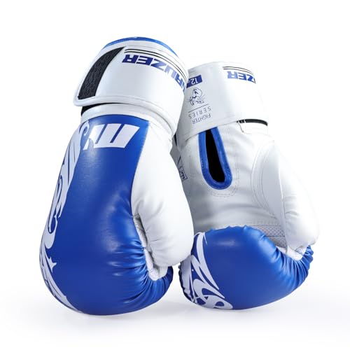 Image of MAUZER Tribal Shadow Fighter Boxing Gloves Training and Sparring Gloves with EIA Foam Padding Ventilated Palm Secure Thumb Lock Fit Velcro Wrist Support (Blue, 14 Oz)