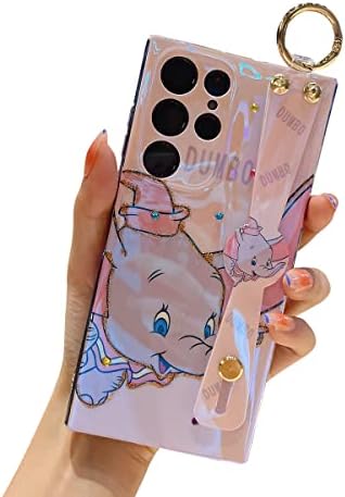 Meishangmei for Samsung Galaxy S22 Ultra Case 6.8" Sparkle Bling with Strap Stand Cute Pattern IMD Design Silicone Shockproof Protective Glitter Cases Cover for Girls and Women - Pink Dumbo