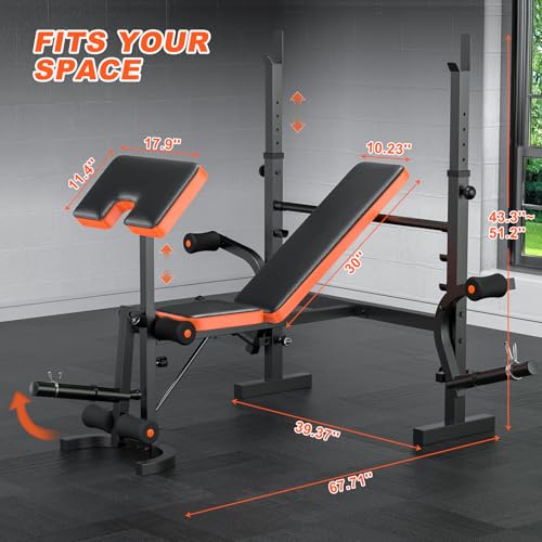 Image of Fostoy 9-in-1 Adjustable Olympic Weight Bench with Lat Pulldown, Row, Squat Rack & Leg Curl - Multi-Function Strength Training Bench Press for Home Gym Full Body Workout
