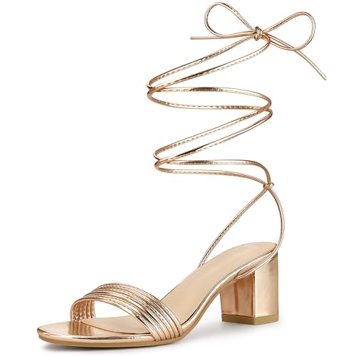 Allegra K Allegra K Women's Sparkle Strappy Metallic Rose Gold Lace Up Block Heels Sandals 6.5 M US