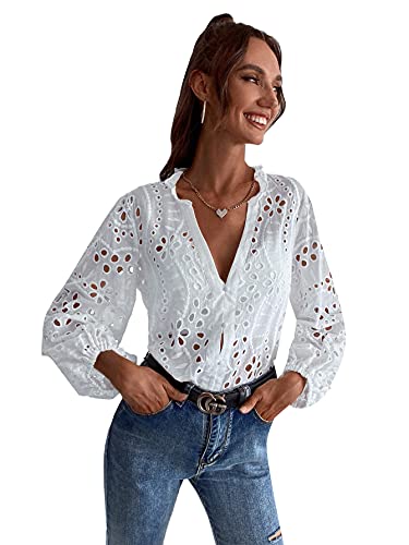 SheIn Women's Long Sleeve Embroidery Eyelet Tops V Neck Frill Trim Blouse Shirt White L