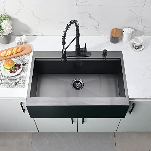 33 Inch Drop In Farmhouse Kitchen Sink-Bokaiya 33 X 22 Inch Black Farmhouse Apron Front Sink Topmount Workstation Sink 16 Guage Matte Black Stainless Steel Single Bowl Farm Sink #TOP2