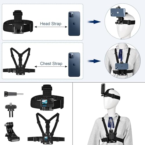 OctinPris Chest Strap Head Strap Backpack Holder Helmet Chin Mount Set with Extension Arm, Adjustable Action Camera Cam Accessory Kit for Cellphones Gopro Hero Series Insta360 GeekPro SJCAM Osmo etc