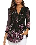 Timeson Womens 3 4 Sleeve Tops and Blouses,Tunic Tops to Wear with Leggings Loose Fit Ladies Business Casual Tops Dressy Office Work Shirts Henley V Neck Flowy Polyester High Low Tops Black Violet M