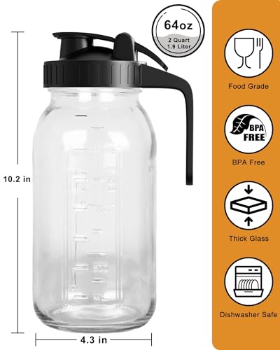64oz Mason Jar Pitcher, Glass Pitcher with Lid for Tea & Cold Brew