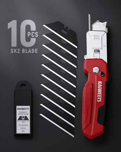 Image of KAIWEETS Utility Knife Scraper, 2-in-1 Folding Box Cutter with Blade Storage, Heavy Duty Zinc Alloy Body, Retractable Design, 12pcs SK2 Black Blades replacement, EDC Tool for Home, Office, DIY- Red