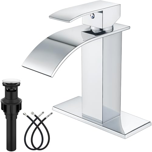 Midanya Bathroom Faucet with Waterfall Spout, Single Hole or 3-Hole Deck Mount, 304 Stainless Steel Sink Faucet with Pop-Up Drain, RV Vanity Compatible,Polish Chrome