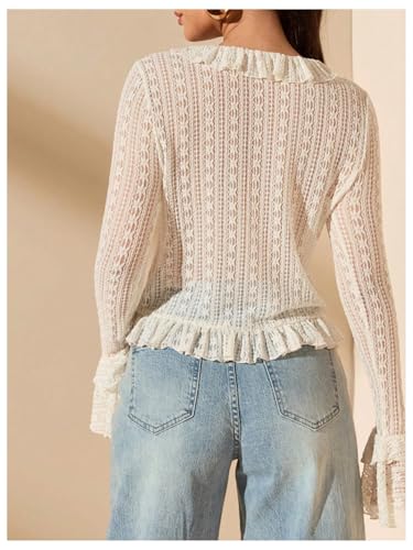 GORGLITTER Women's Tie Front Bell Sleeve Lace Tops Ruffle Mesh Vintage Shirts2