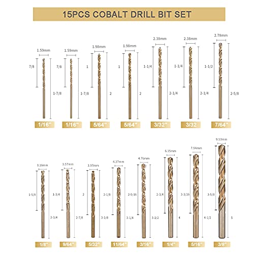 Image of HIDOTOL Cobalt Drill Bit Set 15 PCS + 6PCS Free - M35 High Speed Steel Twist Jobber Length Drill Bits for Hardened Metal, Stainless Steel, Cast Iron, Plastic and Wood, 1 /16 inch-3 /8 inch