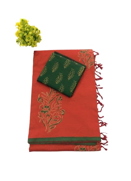 Womens Beautiful South Cottonmix Block Printed Sarees | Printed Cotton Sarees|Cotton Sarees with extra kalamkari blouse piece-image-35