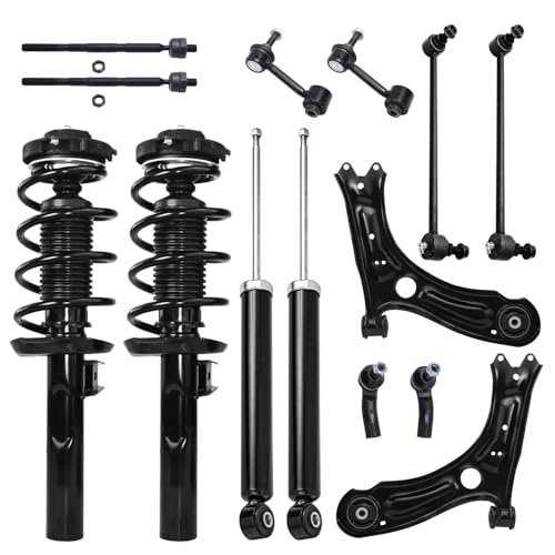 Image of Detroit Axle - 14pc Front End Suspension Kit for 12-17 VW Jetta, Lower Control Arms Tie Rods Struts & Coil Spring Rear Shock Absorber Front and Rear Sway Bars 2012 2013 2014 2015 2016 2017 Replacement