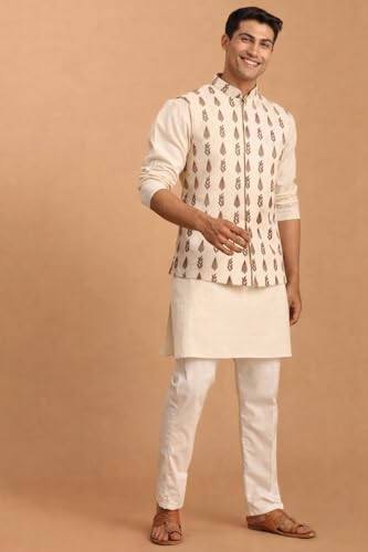 Image of Vastramay Men's Cream Cotton Jacket, Kurta And Pyjama Set | Wedding & Festive Ethnic Wear | Ideal For Traditional, Haldi, Sangeet & Reception Functions