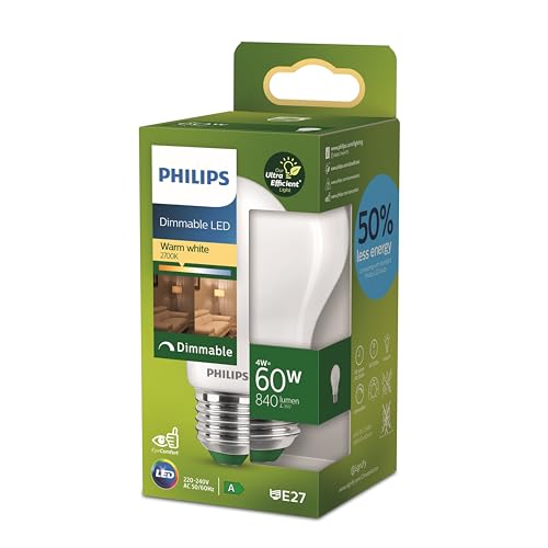 Philips Classic ultra-efficient LED bulb with energy efficiency class A, replaces 60W, E27 base, frosted, warm white light, dimmable