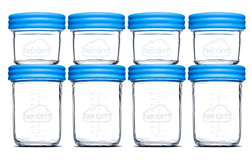 Nellam Baby Food Storage Containers - Leakproof, Airtight, Glass Jars for Freezing & Homemade Babyfood Prep - Reusable, BPA Free, Microwave & Freezer Safe (4x4oz+4x8oz, Blue)