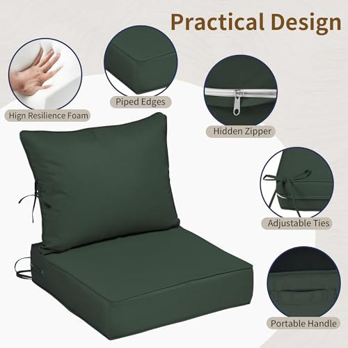 Image of 24x24 Outdoor Chair Cushions Set of 4, Waterproof Deep Seat Cushions for Patio Furniture with Removable Cover, Fade Resistant 4'' Outdoor Seat Cushion w /Ties&Handle for Sofa Loveseat, Dark Green