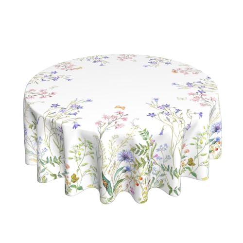 BETGINY Spring Tablecloth Round 60 Inch,Sage Green Wild Flowers Table Cloth,Stain Resistance Polyester Summer Floral Plant Seasonal Table Covers for Kitchen Dining,Small Tablecloth for Parties Picnic