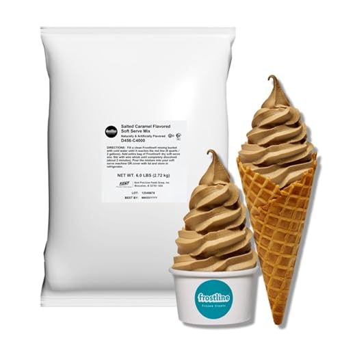 Image of Frostline Salted Caramel Soft Serve Mix, Fat Free, Gluten Free, 6 lbs | Salted caramel soft serve mix with rich, buttery flavor; just add water for smooth, creamy frozen treats or soft serve