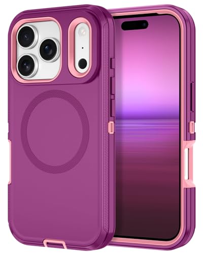 I-HONVA for iPhone 17 Pro Max Case [Compatible with MagSafe] Shockproof 3-Layer Full Body Protection [Without Screen Protector] Rugged Heavy Duty Cover Case for Apple iPhone 17 Pro Max,Purple/Pink
