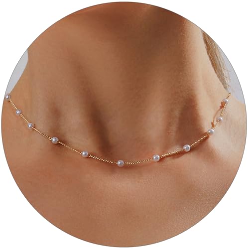 Partm Pearl Necklace for Women Trendy 14K Gold Plated Dainty Pearl Pendant Choker Set Handmade Pearl Gold Necklace Non Tarnish Simple Cute Jewelry Gifts for Women