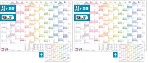 Häfft® XXL Wandkalender 2026 groß A1 + quer (89 x 63 cm), gefalzt, 15 Monate: Nov 2025 - Jan 2027 inkl. A4-Jahresplaner, Wandplaner "Rainbow" - nachhaltig & klimafreundlich (Packung mit 2)