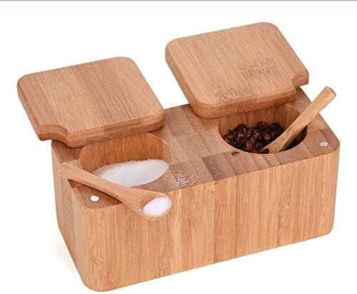 Acacia Wood Salt & Pepper Box - 2 Compartment Swivel Lid With Magnet, 4.75x4.75x2.5 Inch Kitchen Storage