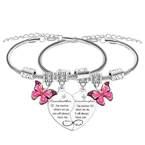 Nfyxcaz 2PCS Grandmother Granddaughter Heart Matching Bracelet Gifts for Grandma from Granddaughter Mother’s Day Gifts Butterfly Bracelet Christmas Birthday Gift for Grandma Granddaughters