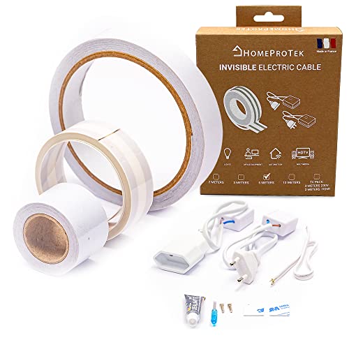 HOMEPROTEK Kit Goulotte - Fabriqué en France - Cache câbles pour mur, plafond et sol, 5 M Câble ultra plat autocollant avec 2 connecteurs I, Cache Câbles pour TV murale à la maison ou au bureau