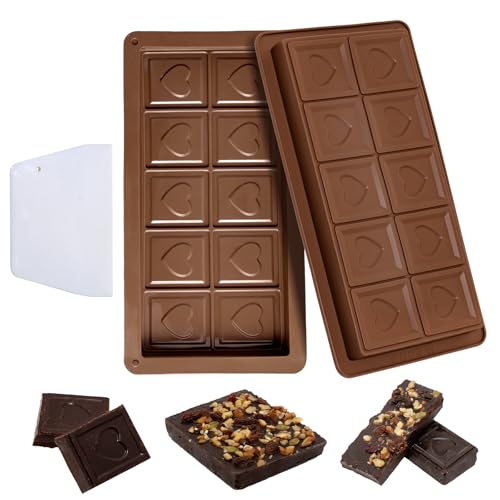NVGVUP Deep Chocolate Bar Moulds, 2 Pcs Heart Silicone Thick Chocolate Molds with Scraper for DIY Chocolates Bar, Praline, Candy, Jelly, Ice Cube, Non-Stick Coating