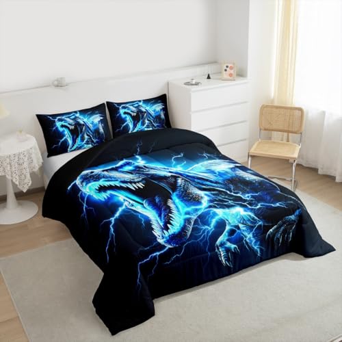 Image of Dinosaur Bedding Set Full Size Kids 3D Dino Print Comforter Set for Boys Girls Teens Jungle Dino Duvet Quilt Breathable Soft Microfiber Lightning Blue Room Decor Wild Animal