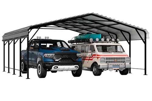 Image of Shintenchi 20x20 FT Metal Carport, Oversized Carport Garage with Enhanced Base, Outdoor Galvanized Car Shelter, Heavy Duty Carports Canopy, for Car, Boats and Tractors, Grey