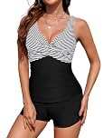 SHEKINI Women Tankini Swimsuits with Shorts 2 Piece Tummy Control Athletic Bathing Suits Plus Size Swimwear, Black White Stripe, Large