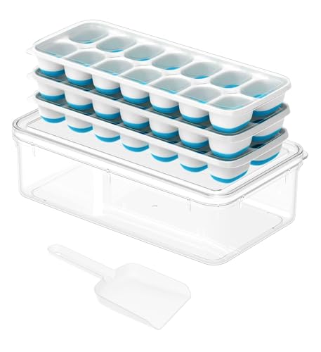 Image of ChefAide Ice Cube Tray with Lid and Bin, 3 Packs 42 Cubes Silicone Plastic Ice Cube Trays for Freezer, Stackable Ice Tray with Container, Ice Scoop for Drinks, Coffee and Cocktails